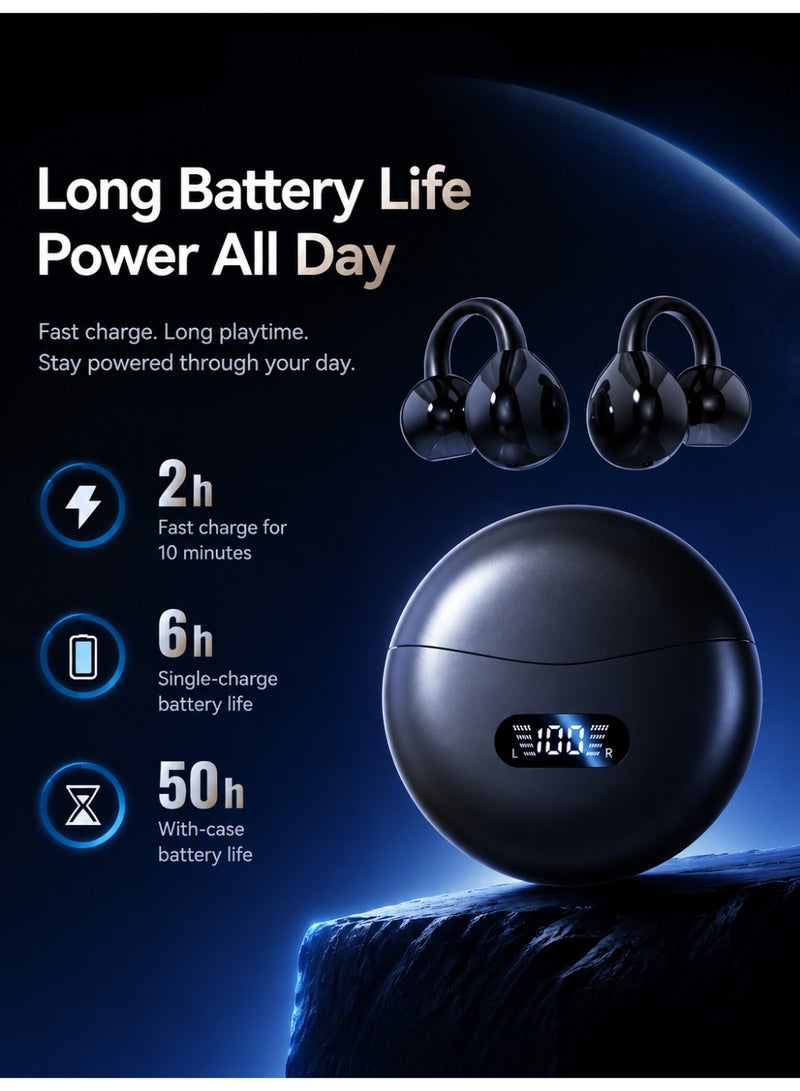 Bukela Clip on Earbuds Open Ear Wireless Bluetooth 6.0 Headphones with Mic,60H Play,Noise Cancelling,Waterproof,Sports Ear Buds,Comfortable for Small Ears & Glasses Wearers,Workouts (Black), open ear earbuds, clip earbuds, earphones wireless, bluetooth headphones - Image 2