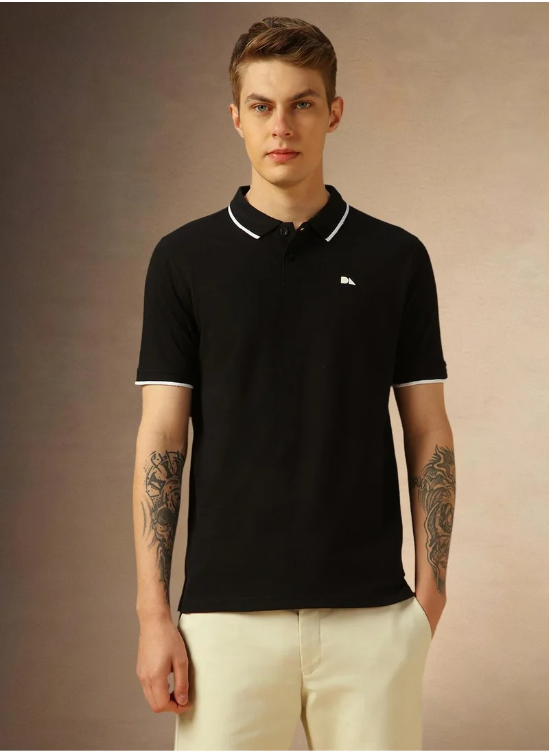 دينيس لينغو Men's Black 100% Cotton Solid Regular Fit T-Shirt