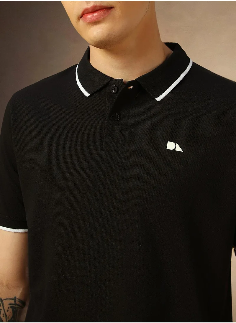 دينيس لينغو Men's Black 100% Cotton Solid Regular Fit T-Shirt