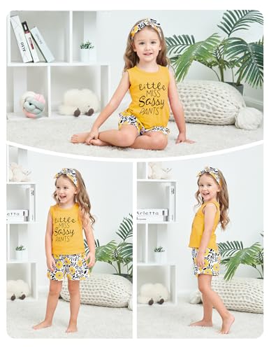 Hipea Toddler Baby Girl Outfits Flower Tops Sleeveless Vest Shorts Headband Summer Clothes Set(3-4T) - Image 4