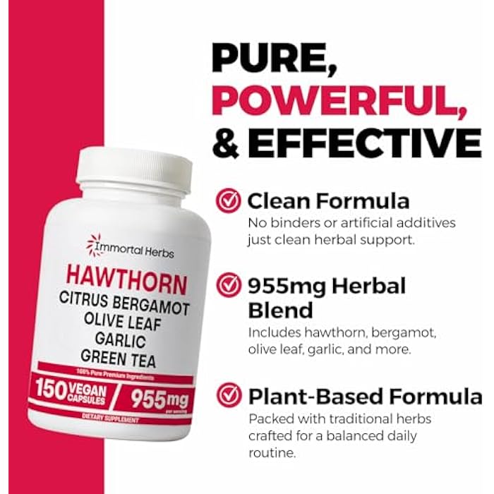 Immortal Herbs Hawthorn Berry Capsules, 6-in-1 Extract w/Olive Leaf, Citrus Bergamot, Garlic, Green Tea & Black Pepper, 150 Pills, Non-GMO & Gluten-Free Hawthorne Berry Supplement - Image 3