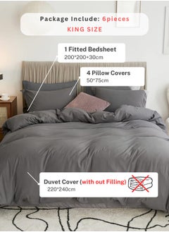 LUNA Home Washable Cotton 6 Pieces King Size Duvet Cover Plain Design Dark Gray  - Image 2