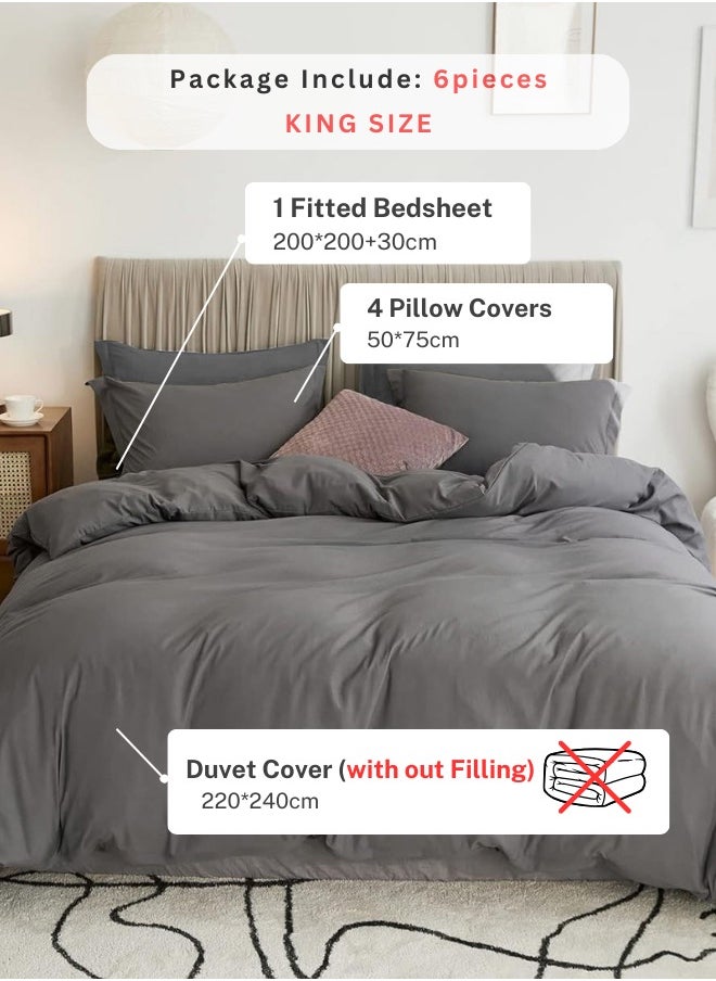 LUNA Home Washable Cotton 6 Pieces King Size Duvet Cover Plain Design Dark Gray  - Image 2