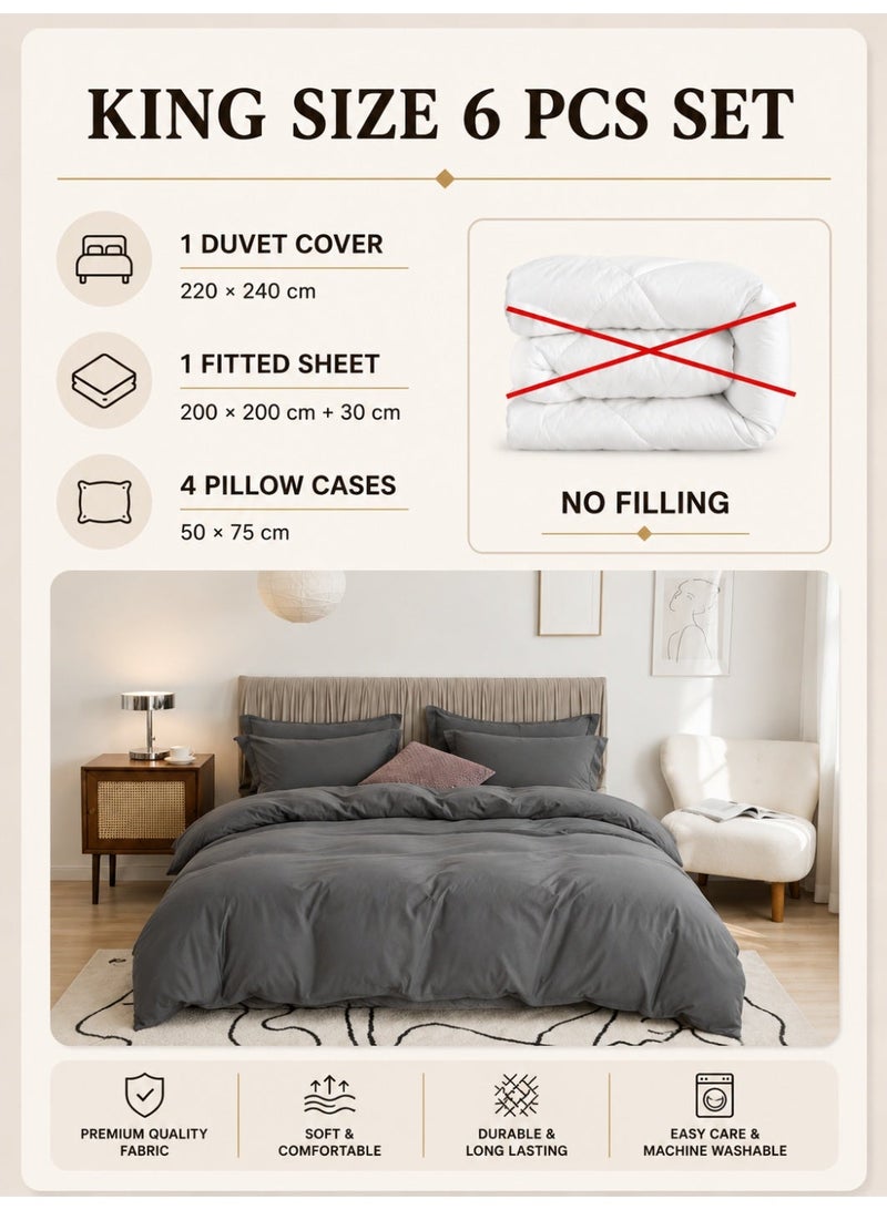 LUNA Home Washable Cotton 6 Pieces King Size Duvet Cover Plain Design Dark Gray - Image 2
