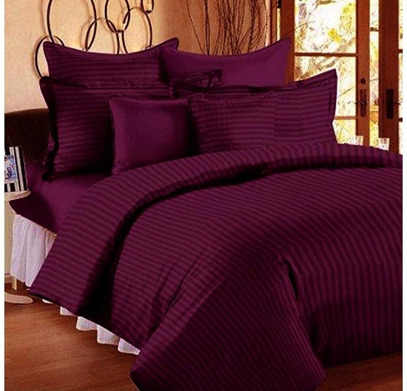 PRISCILLA 220 GSM 400TC Microfiber Satin Stripe Cotton AC Comforter Set King Size Double Bed with 1 Flat bedsheet90x100 inch and Two Pillow Covers II 4 pc Bedding Set for HomeHotels Wine - Image 1