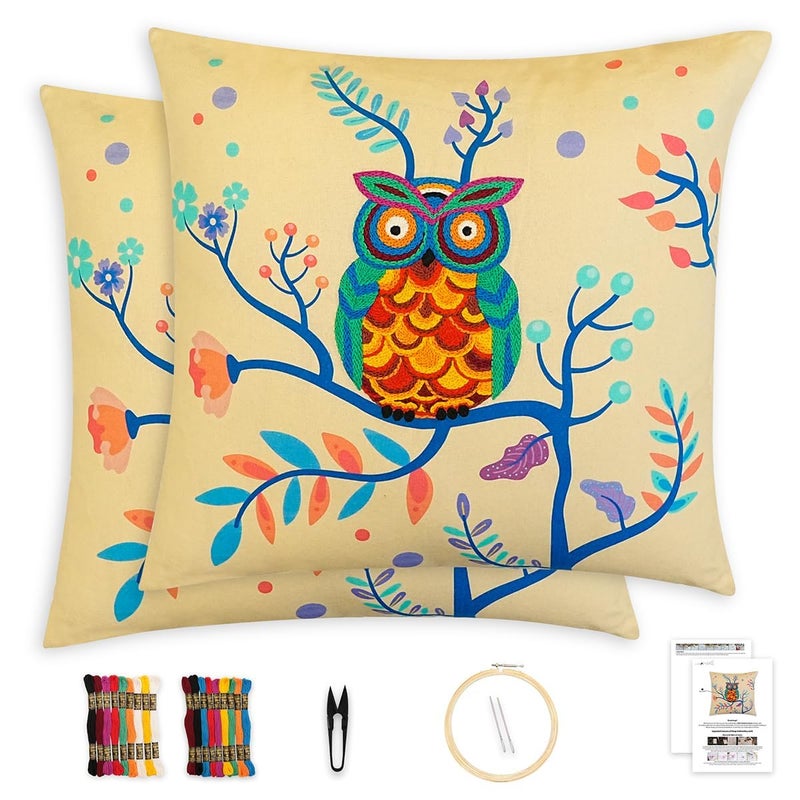 picknMAKE Cover/Pillow Cushion Craft DIY Bliss Owl Majestic with Beginners for Set Kit Embroidery Hand Cover Cushion DIY 2 of Set |16 "X16|Patterns Embroidery Printed Digitally|Included Materials All - Image 1