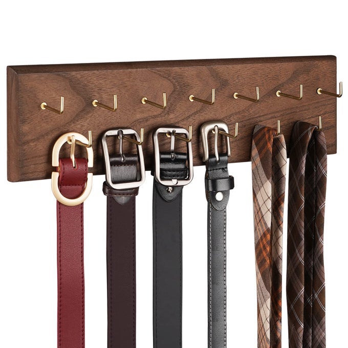 BELT ORGANIZER WALL MOUNTED HANGER FOR CLOSET HOLDS OVER 28 BELTS WOODEN RACK WITH TIE AND SCARF STORAGE BROWN