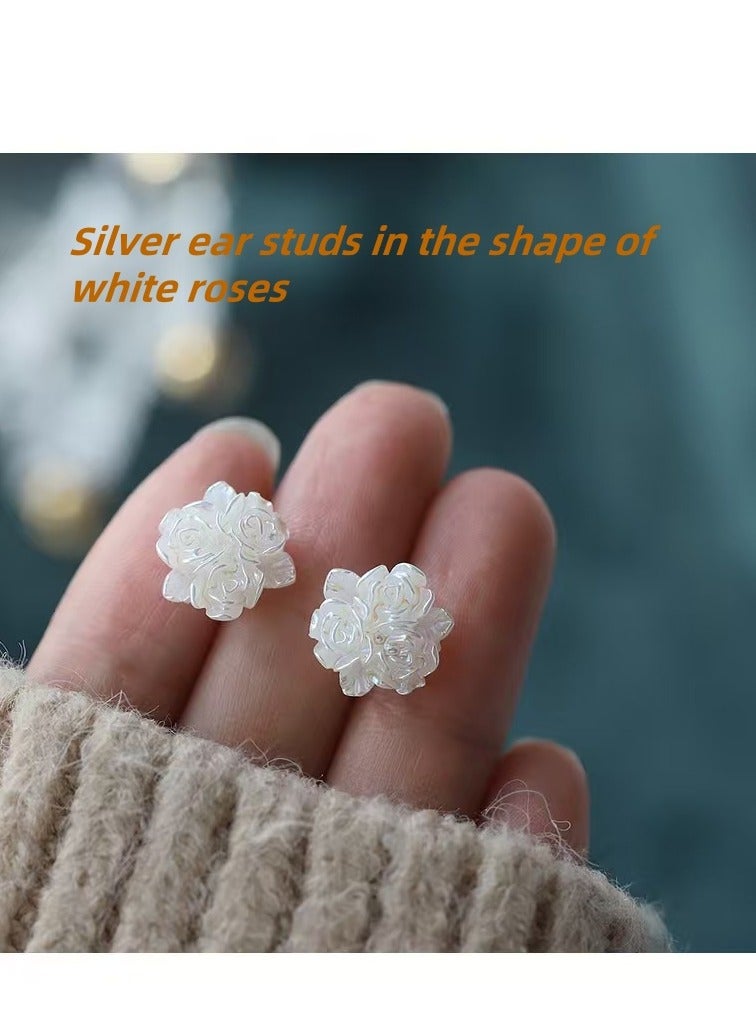 Akali Silver ear studs in the shape of white roses - Image 1