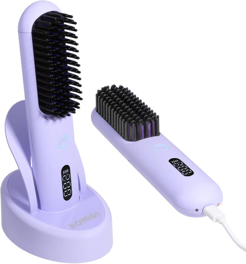 BOMIDI Cordless Hair Straightener Brush with Detachable for Easy Clean, 200M Negative Ions, 6-Speed Smart Temp Control and Type-C/Base Dual Charging, Travel-Friendly Styling Tool - Purple - Image 1