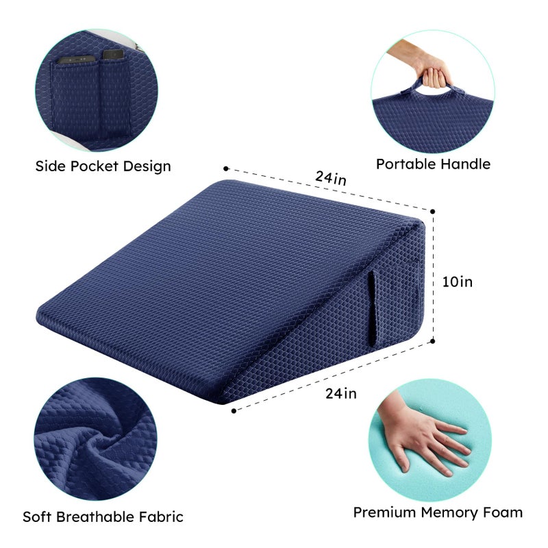 Bedluxe Wedge Pillow, 10 inch Bed Wedge Pillow for Headboard, Pillow Wedge for Acid Reflux Relief, Sleeping, After Surgery, Snoring, Gerd, Triangle Pillow Wedge - Cooling Memory Foam Top, Navy - Image 5