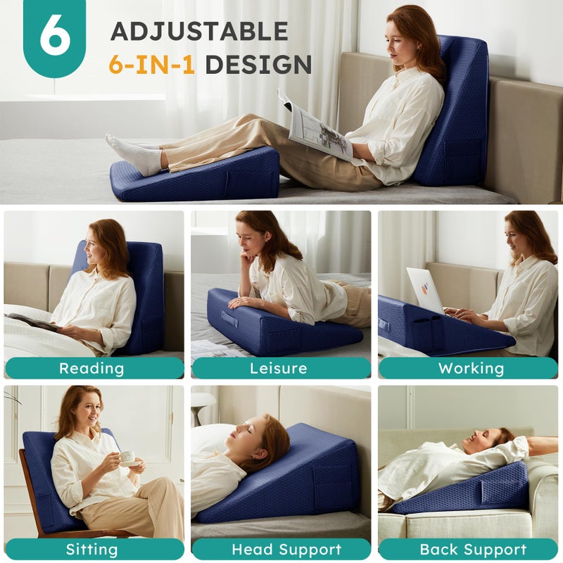 Bedluxe Wedge Pillow, 10 inch Bed Wedge Pillow for Headboard, Pillow Wedge for Acid Reflux Relief, Sleeping, After Surgery, Snoring, Gerd, Triangle Pillow Wedge - Cooling Memory Foam Top, Navy - Image 2