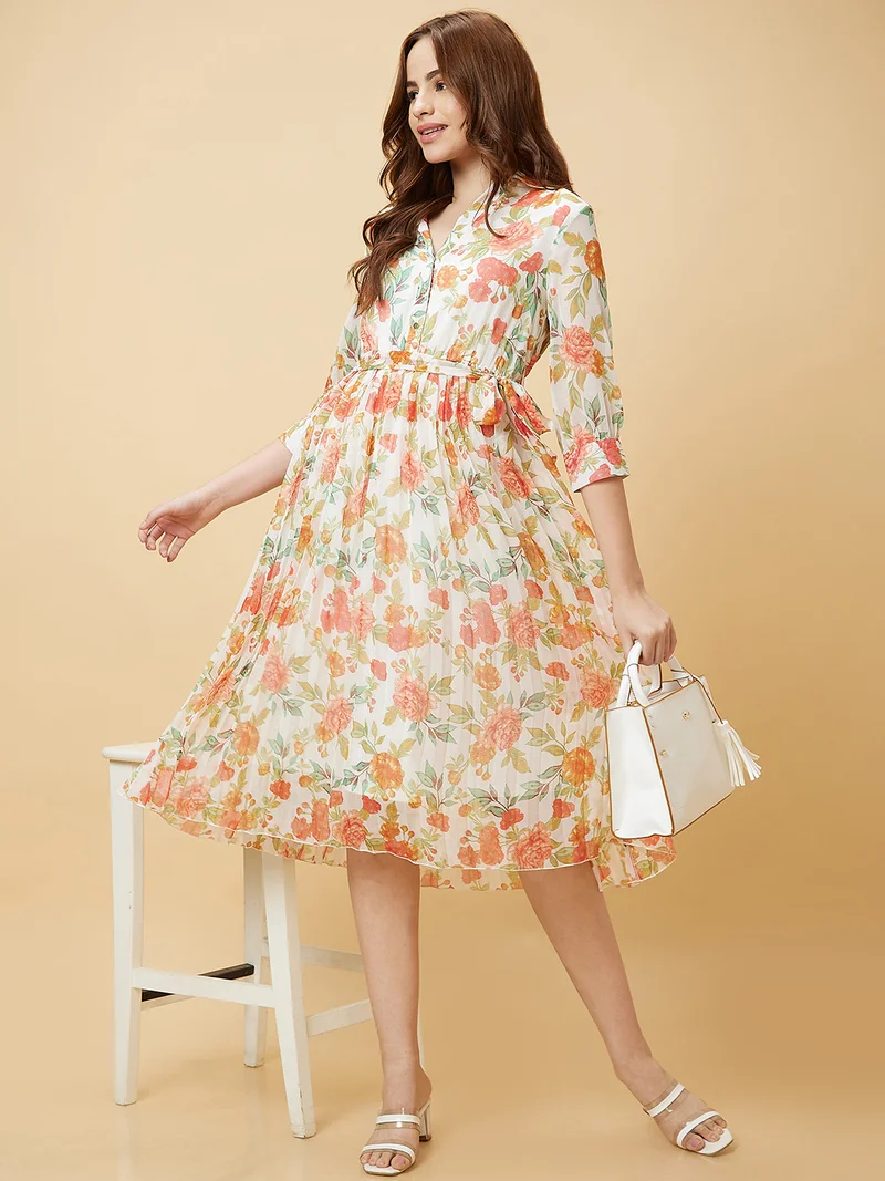 globus Women White & Red Floral Printed Georgette Fit & Flare Dress