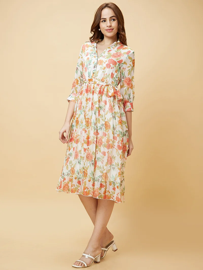 globus Women White & Red Floral Printed Georgette Fit & Flare Dress