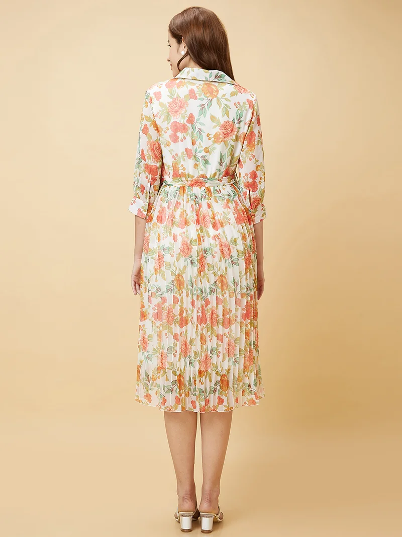 globus Women White & Red Floral Printed Georgette Fit & Flare Dress
