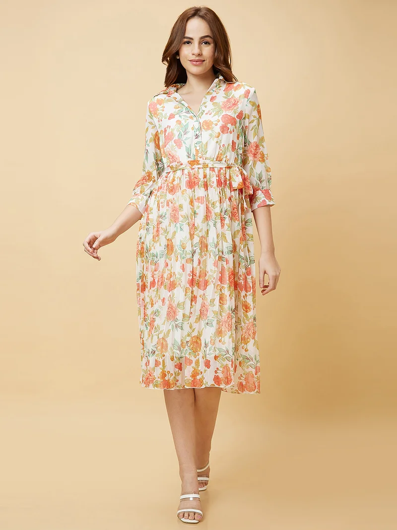 globus Women White & Red Floral Printed Georgette Fit & Flare Dress