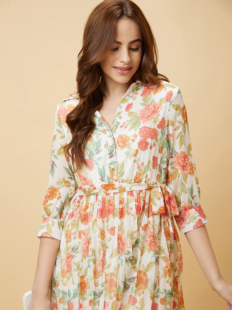 globus Women White & Red Floral Printed Georgette Fit & Flare Dress