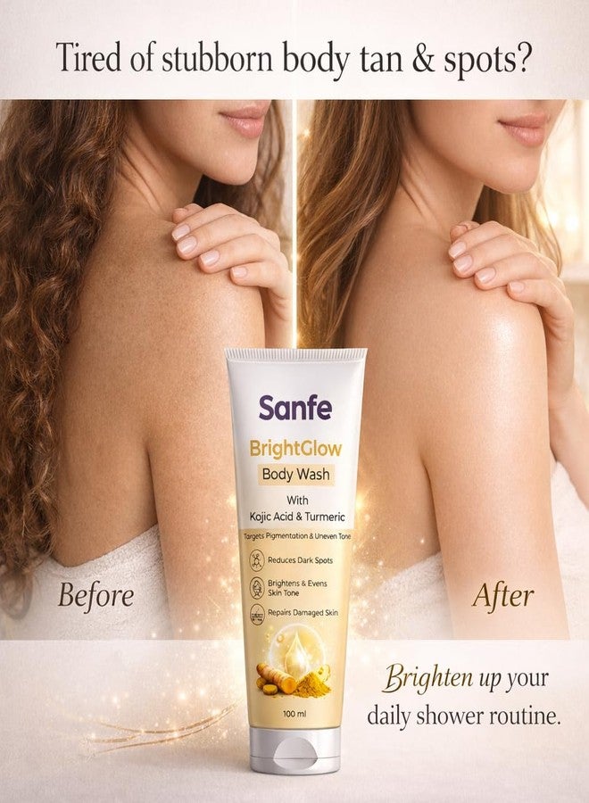 Sanfe BrightGlow Body Wash | 100 ml | With Kojic Acid & Turmeric | Targets Pigmentation & Uneven Tone | Reduces Dark Spots | Brightens & Repairs Damaged Skin | Gentle Liquid Body Wash for Women & Men - Image 2