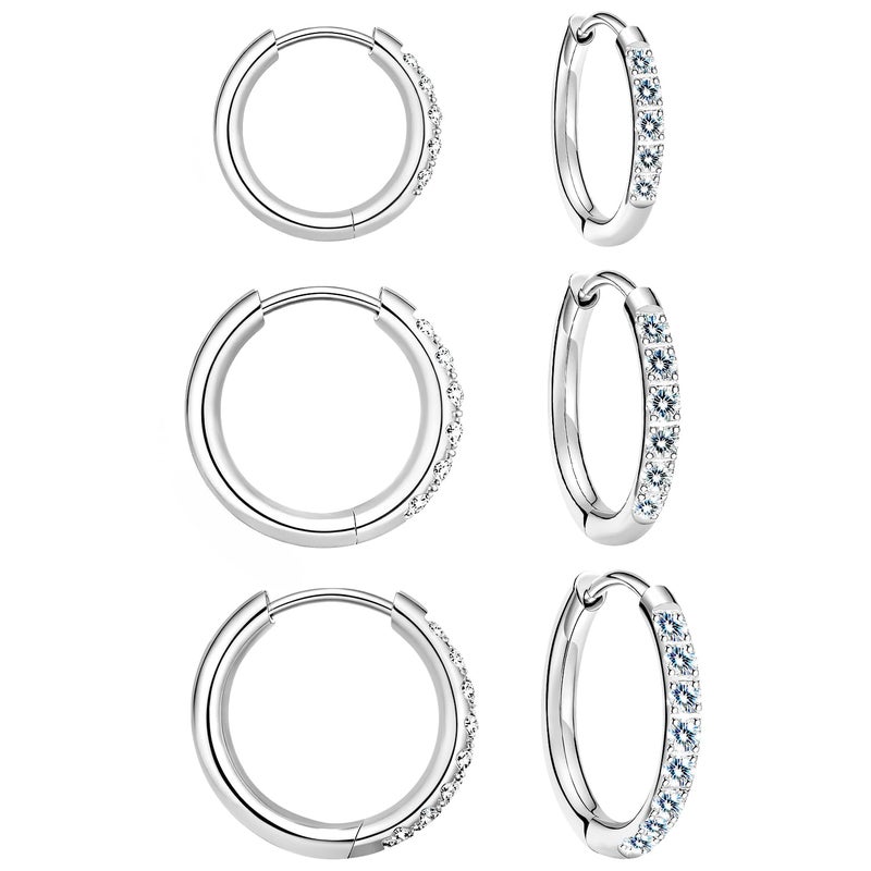 VOJO Moissanite Titanium Huggie Hoop Earrings for Women, 3 Pairs Set Hypoallergenic 14K Gold and Silver Small Tiny Cartilage Earrings (White Gold) - Image 1