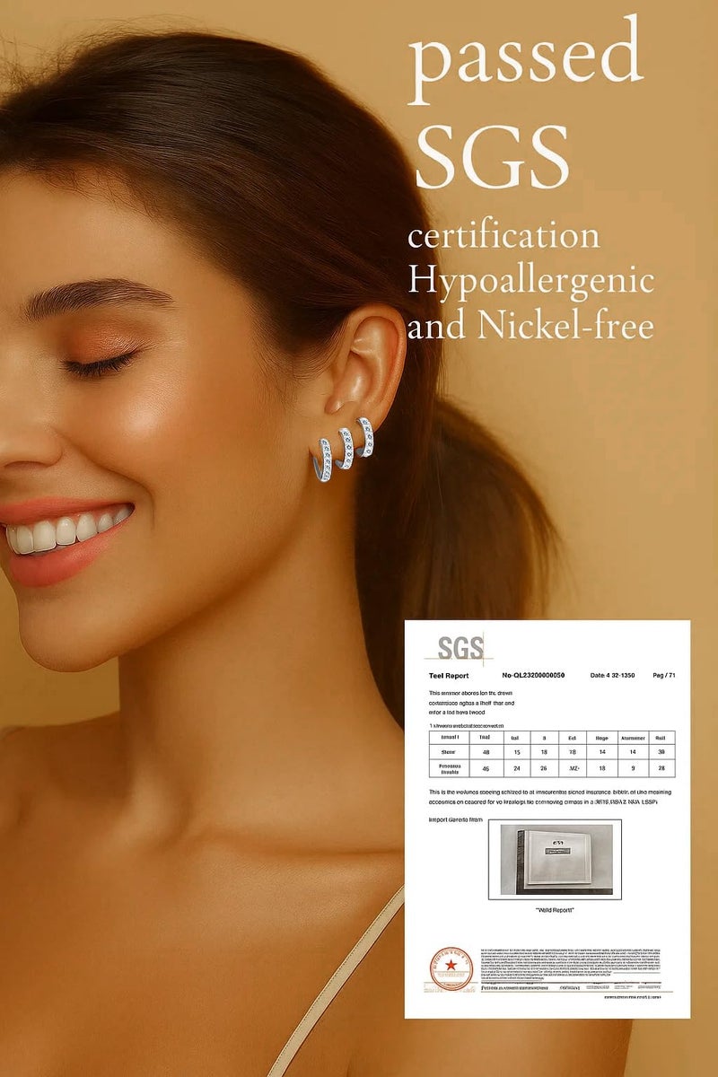 VOJO Moissanite Titanium Huggie Hoop Earrings for Women, 3 Pairs Set Hypoallergenic 14K Gold and Silver Small Tiny Cartilage Earrings (White Gold) - Image 3