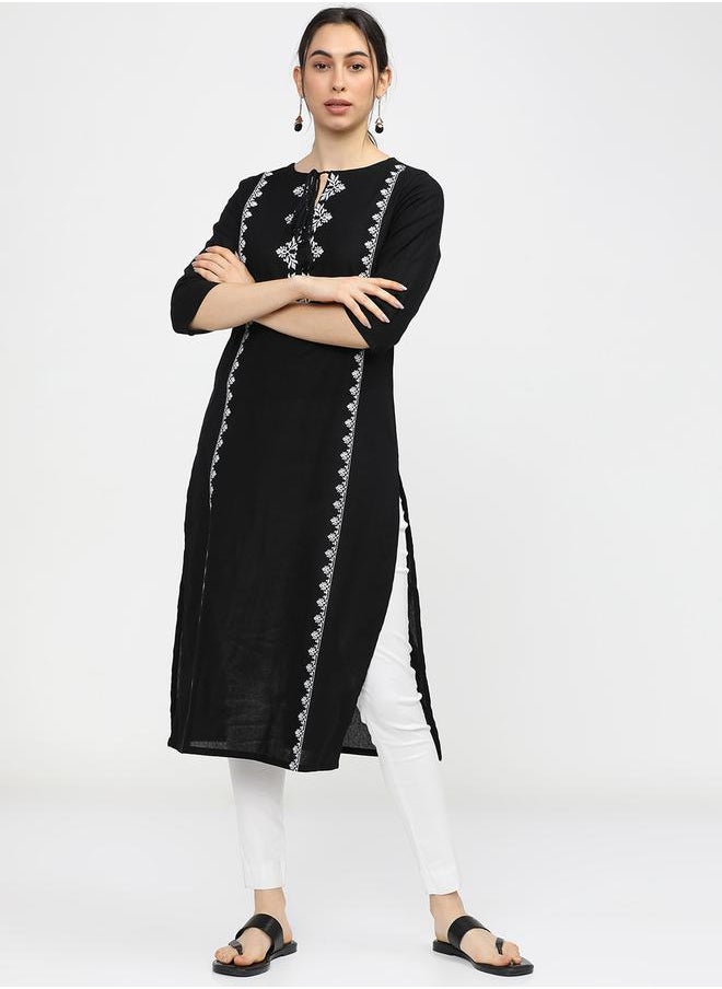 Vishudh - Women Black & White Ethnic Motifs Printed Cotton Kurta by Styli - Image 1