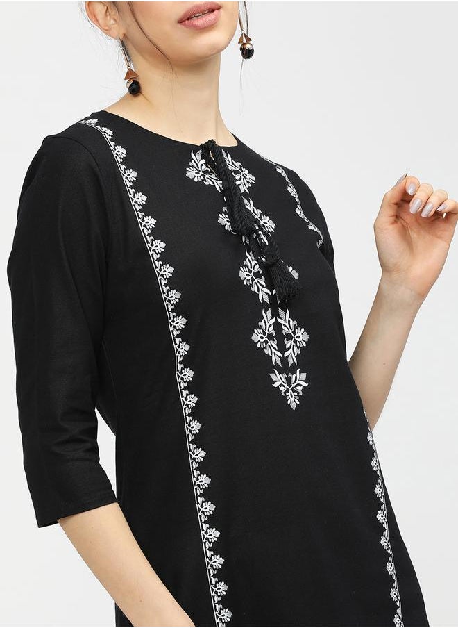 Vishudh - Women Black & White Ethnic Motifs Printed Cotton Kurta by Styli - Image 1