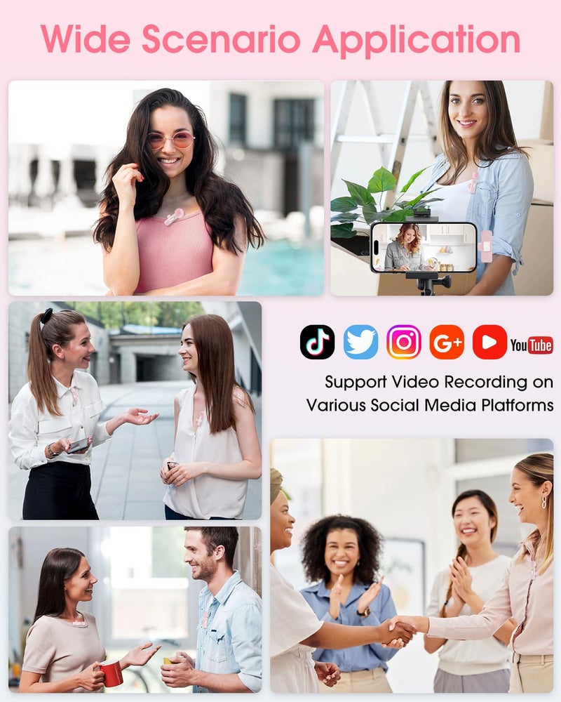 VEZQUA ميكروفون لافاليير لاسلكي صغير لجهاز آيفون 16/15/14/أندرويد، ميكروفون لابيل مع تقليل الضوضاء، 12 ساعة، 65 قدم، ميكروفون صغير وردي لصانعي المحتوى لمقابلات فلوغ يوتيوب تيك توك تسجيل (وردي) - Image 5