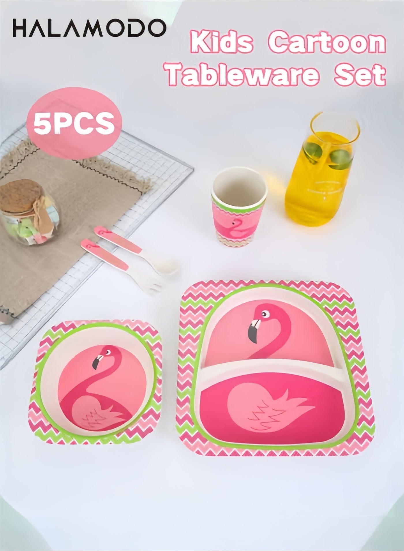 Halamodo 5-Piece Cartoon Patterns Children’s Tableware Set Divided Plates Bowls Spoon and Fork Combo Essential for Birthday Parties Perfect for Family Meals and Kids Dining