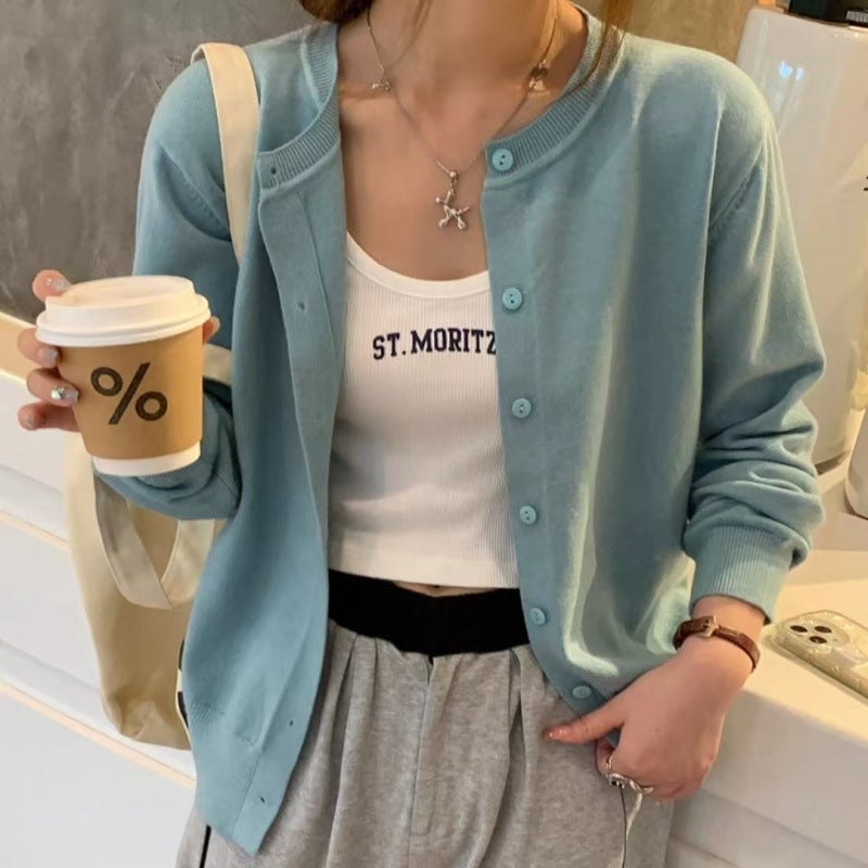 Thin 2024 Autumn New Knitted Cardigan Jacket Womens Long-sleeved Top with Slip Skirt Niche Sweater Trendy Lake blue [counter quality*93%]