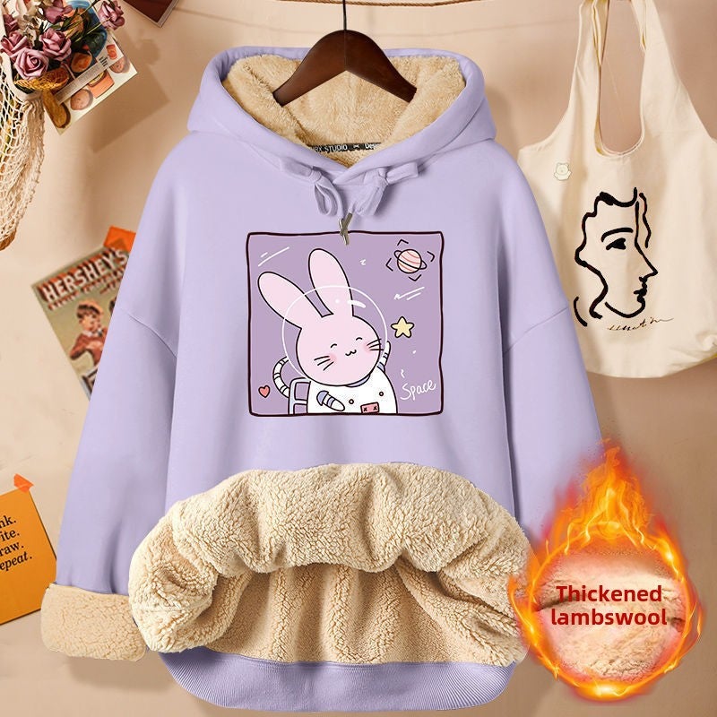 Lambskin Sweatshirt Women 2024 New Hooded Winter Top Women Autumn and Winter Thick Coat Winter fleece-lined Thick Purple (Star Rabbit) Lamb Fleece
