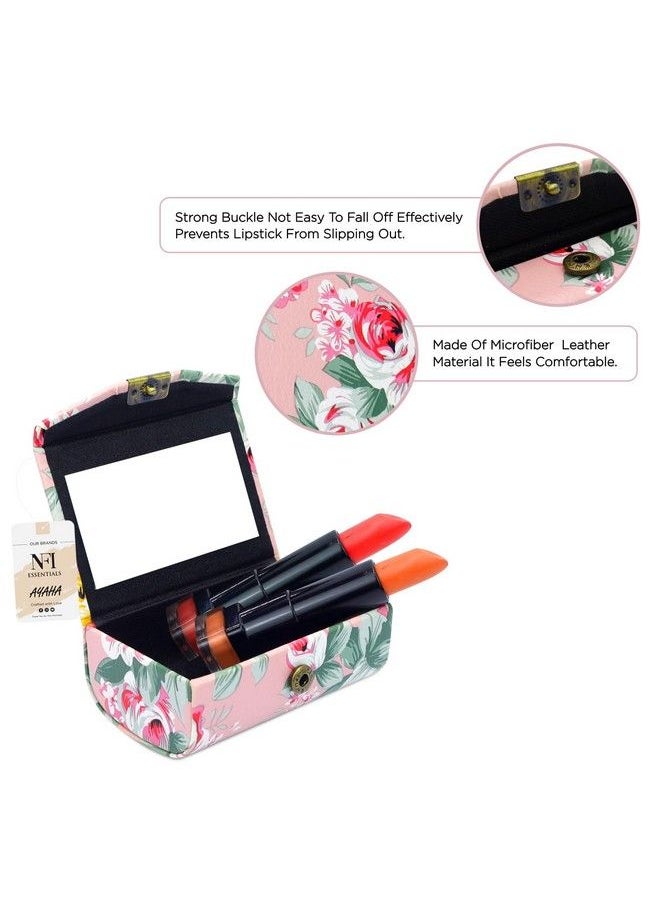 NFI essentials Pu 1 Pcs Ladies Floral Lipstick Case Holder With Mirror Lipstick Holder To Cosmetic Storage Kit Makeup Travel Cases Organizer Bag For Purse (9X6X3.5 Cm Pink 1)  - Image 4