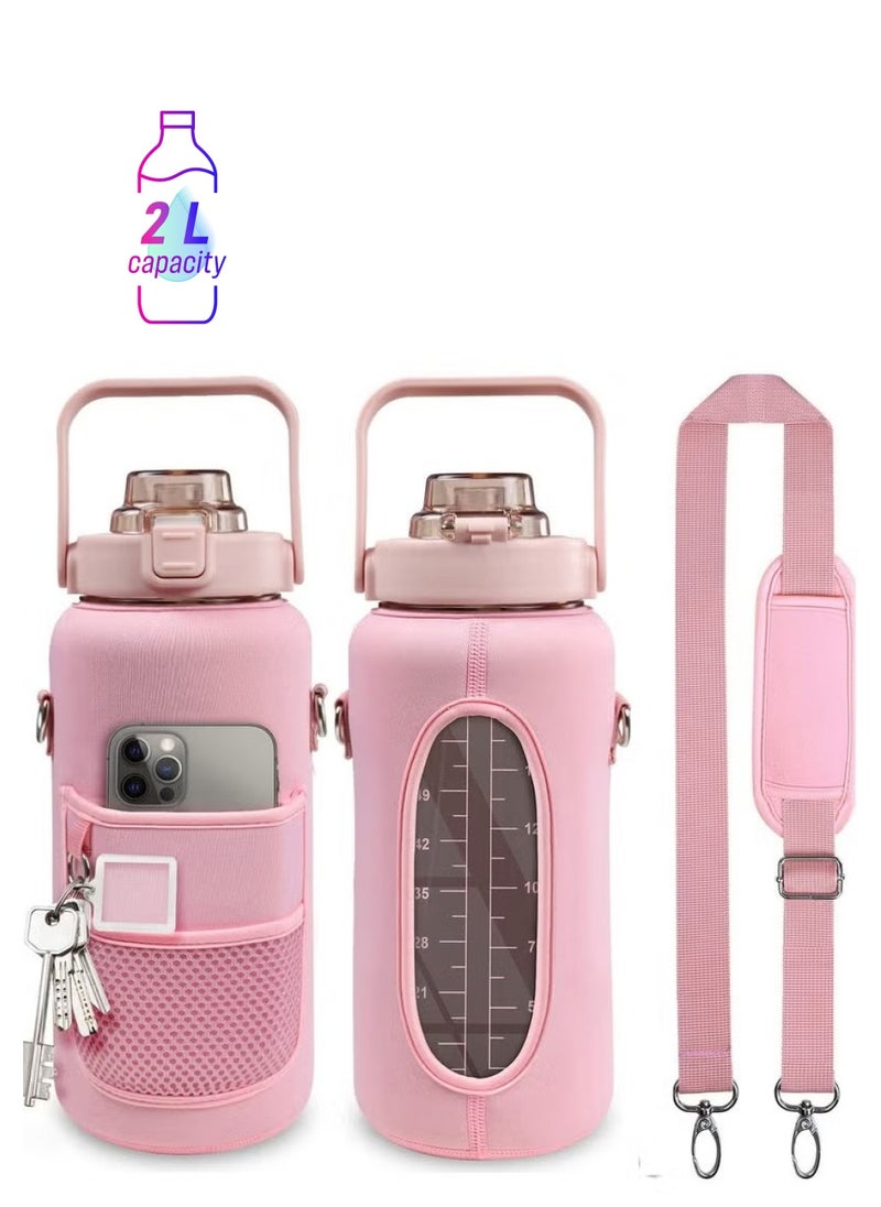 Beauenty 2L Half Gallon Water Bottle with Sleeve and Strap Water Bottle Motivational with Straw and Time Marker to Drink Leakproof Reusable Water Bottle for Unisex Sports, Fitness, Workout  - Image 1