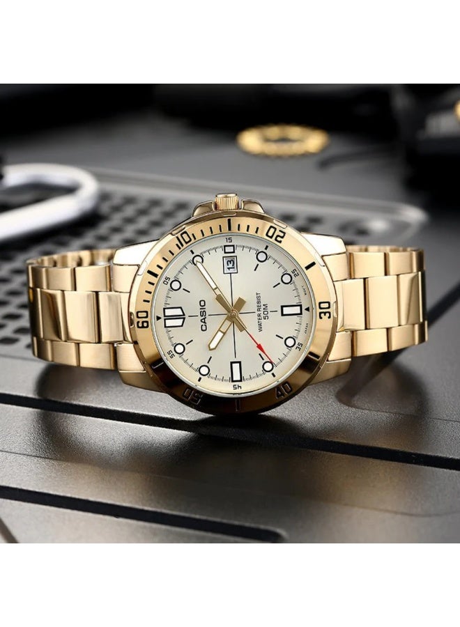 Casio MTP-VD01G-9EVUDF Men’s Analog Gold-Tone Stainless Steel Watch – Gold Dial, Rotating Bezel, Date Display, Water Resistant - Image 2