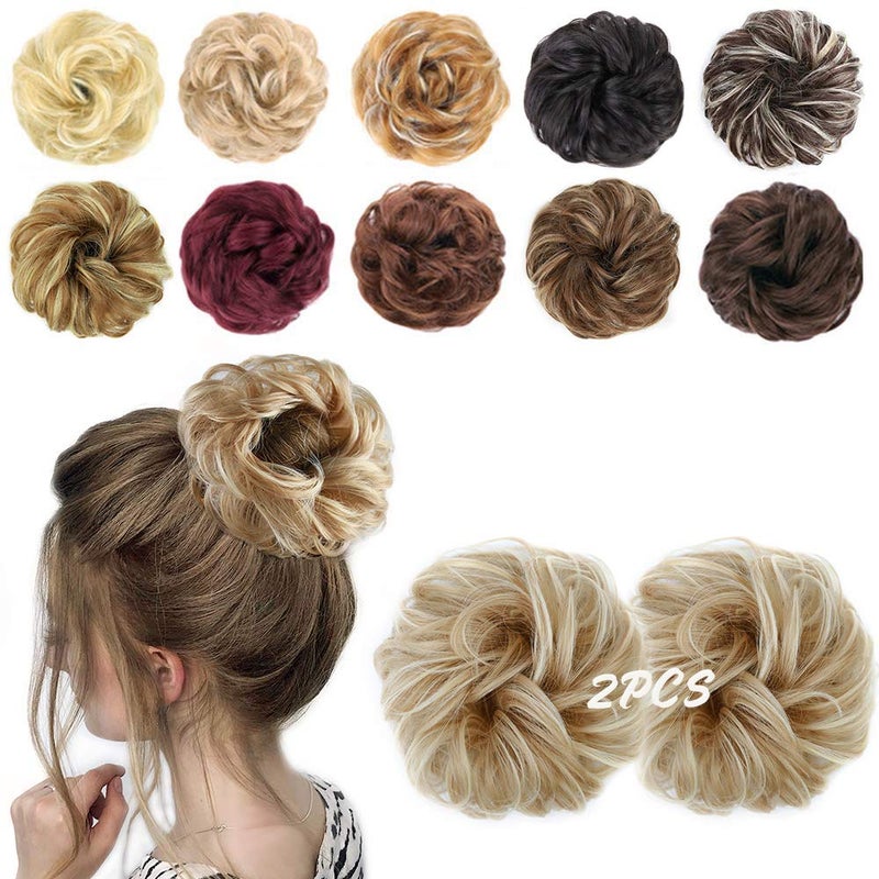 MORICA 2PCS Messy Bun HairPiece Scrunchies  Synthetic Scrunchies Curly Wavy Ponytail HairExtention for ThinHair Women AshBlonde  BleachBlonde
