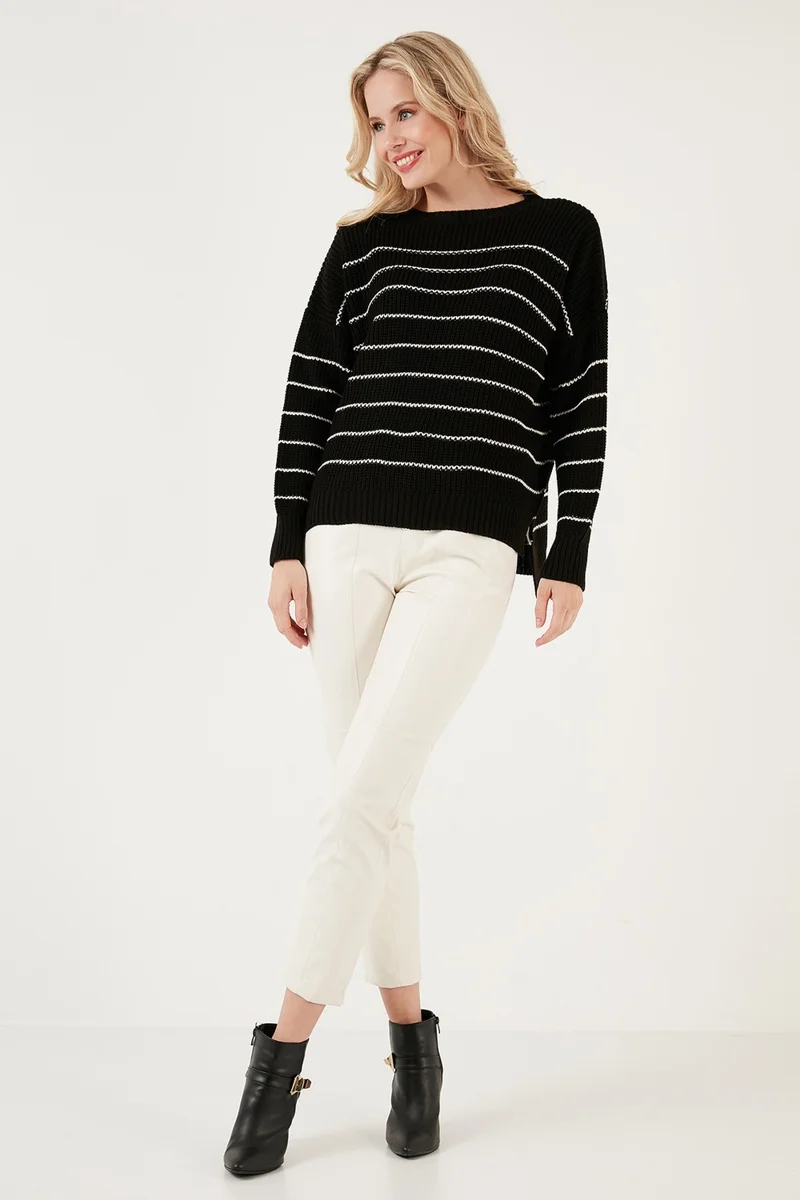 Lela Striped Long Back Crew Neck Knitted Sweater Women's Sweater 4616133