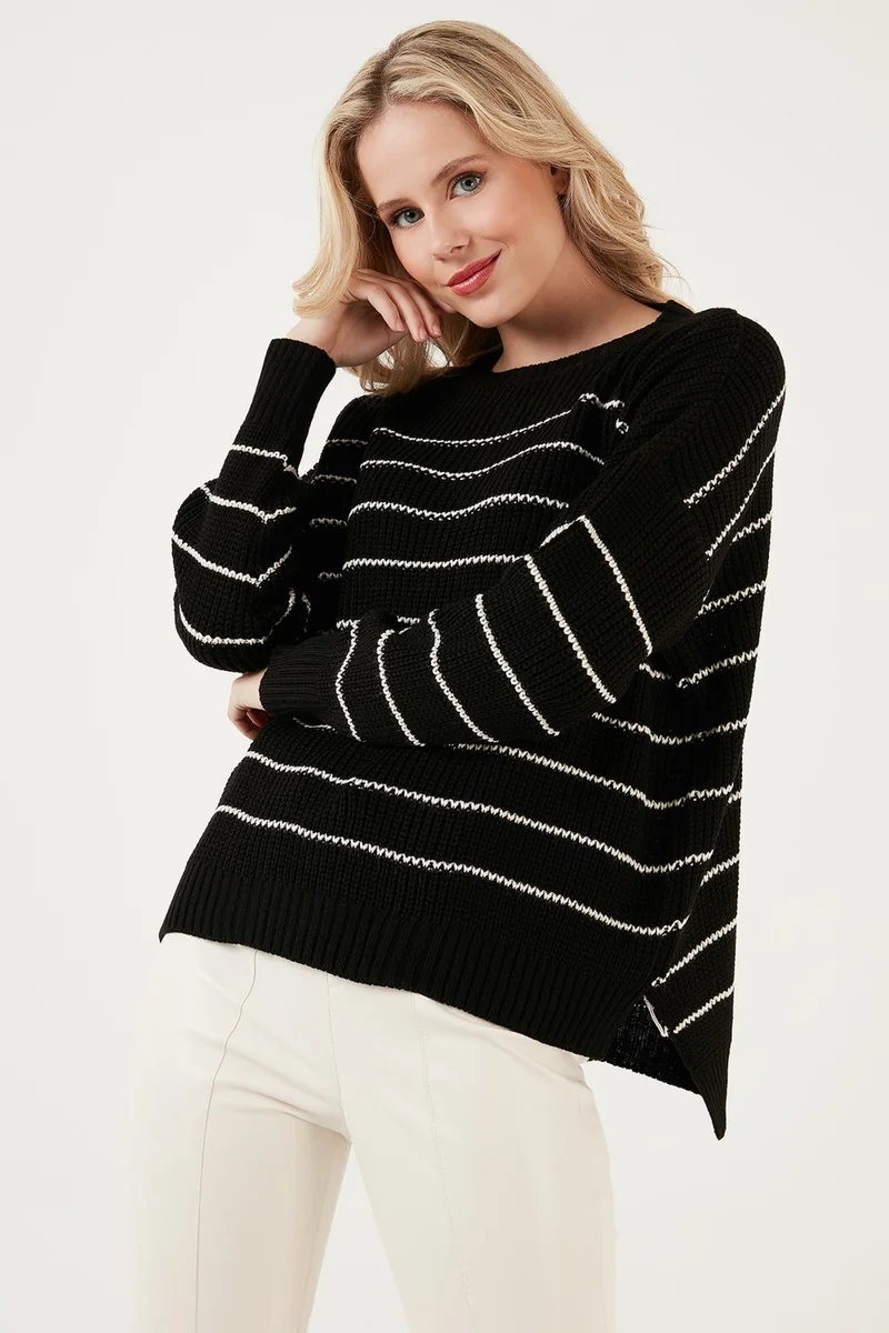 Lela Striped Long Back Crew Neck Knitted Sweater Women's Sweater 4616133
