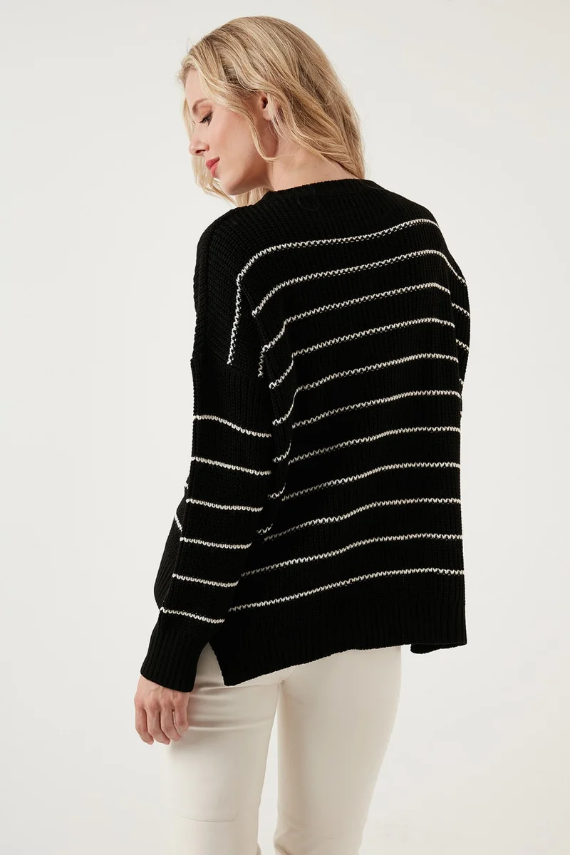Lela Striped Long Back Crew Neck Knitted Sweater Women's Sweater 4616133
