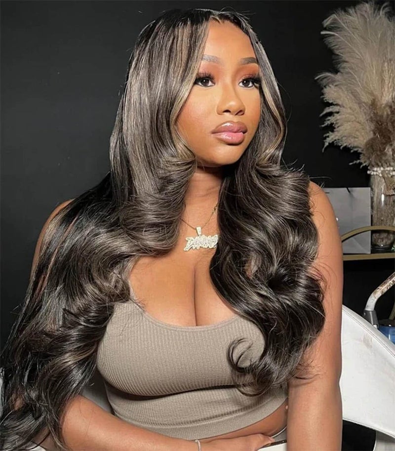 Rina Upgrade Black with Brown Blonde Highlight Wig Human Hair 210% Density 13x4 HD Body Wave Luxury Balayage Blonde Lace Front Wig 12A Grade Raw Hair Pre Plucked Ombre Wig for Women 26 Inch - Image 4