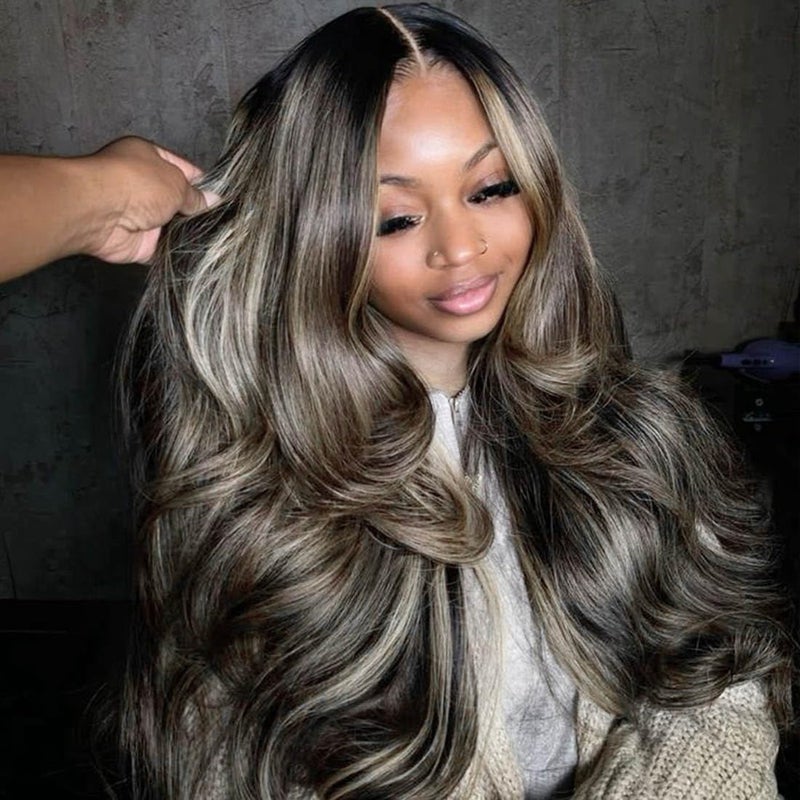 Rina Upgrade Black with Brown Blonde Highlight Wig Human Hair 210% Density 13x4 HD Body Wave Luxury Balayage Blonde Lace Front Wig 12A Grade Raw Hair Pre Plucked Ombre Wig for Women 26 Inch - Image 2
