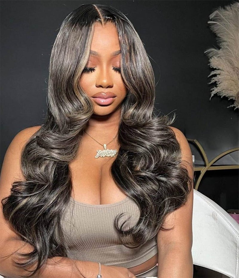 Rina Upgrade Black with Brown Blonde Highlight Wig Human Hair 210% Density 13x4 HD Body Wave Luxury Balayage Blonde Lace Front Wig 12A Grade Raw Hair Pre Plucked Ombre Wig for Women 26 Inch - Image 3