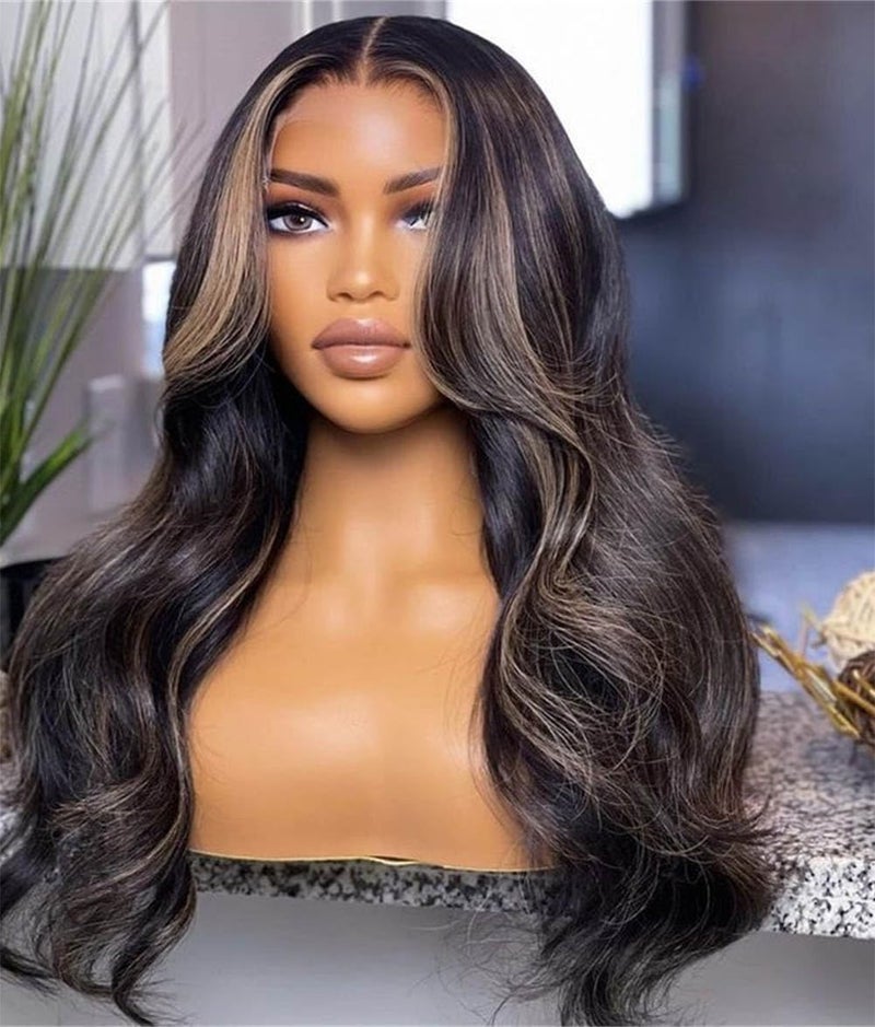 Rina Upgrade Black with Brown Blonde Highlight Wig Human Hair 210% Density 13x4 HD Body Wave Luxury Balayage Blonde Lace Front Wig 12A Grade Raw Hair Pre Plucked Ombre Wig for Women 26 Inch - Image 5