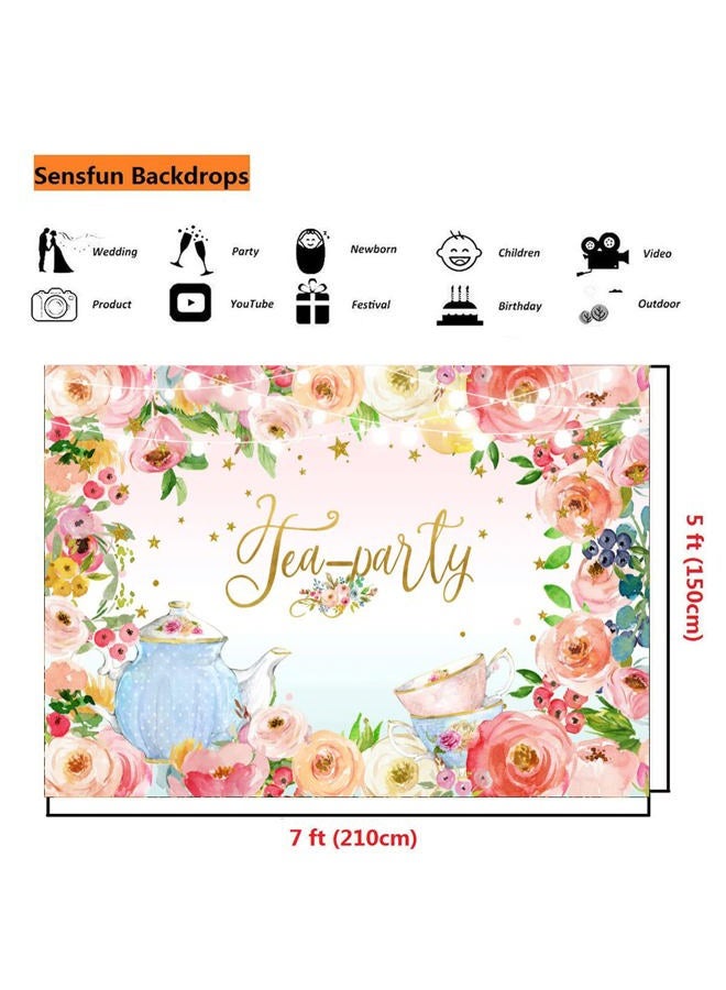 Sensfun Tea Party Backdrop Glitter Pink Floral Lets Partea Banner Photography Background for Women Girl Princess Wonderland Afternoon Tea Birthday Party Decoration Supplies Photo Booth Backdrops 7x5ft - Image 5