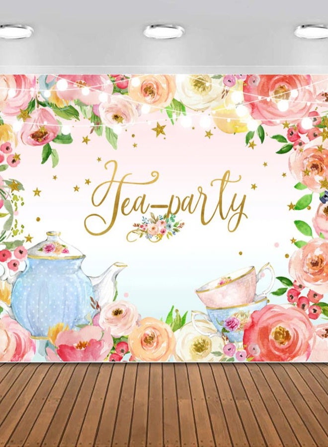 Sensfun Tea Party Backdrop Glitter Pink Floral Lets Partea Banner Photography Background for Women Girl Princess Wonderland Afternoon Tea Birthday Party Decoration Supplies Photo Booth Backdrops 7x5ft - Image 1