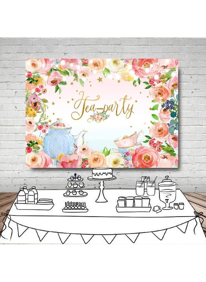 Sensfun Tea Party Backdrop Glitter Pink Floral Lets Partea Banner Photography Background for Women Girl Princess Wonderland Afternoon Tea Birthday Party Decoration Supplies Photo Booth Backdrops 7x5ft - Image 4