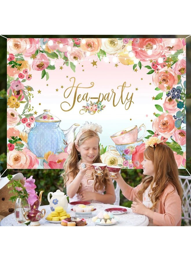 Sensfun Tea Party Backdrop Glitter Pink Floral Lets Partea Banner Photography Background for Women Girl Princess Wonderland Afternoon Tea Birthday Party Decoration Supplies Photo Booth Backdrops 7x5ft - Image 2