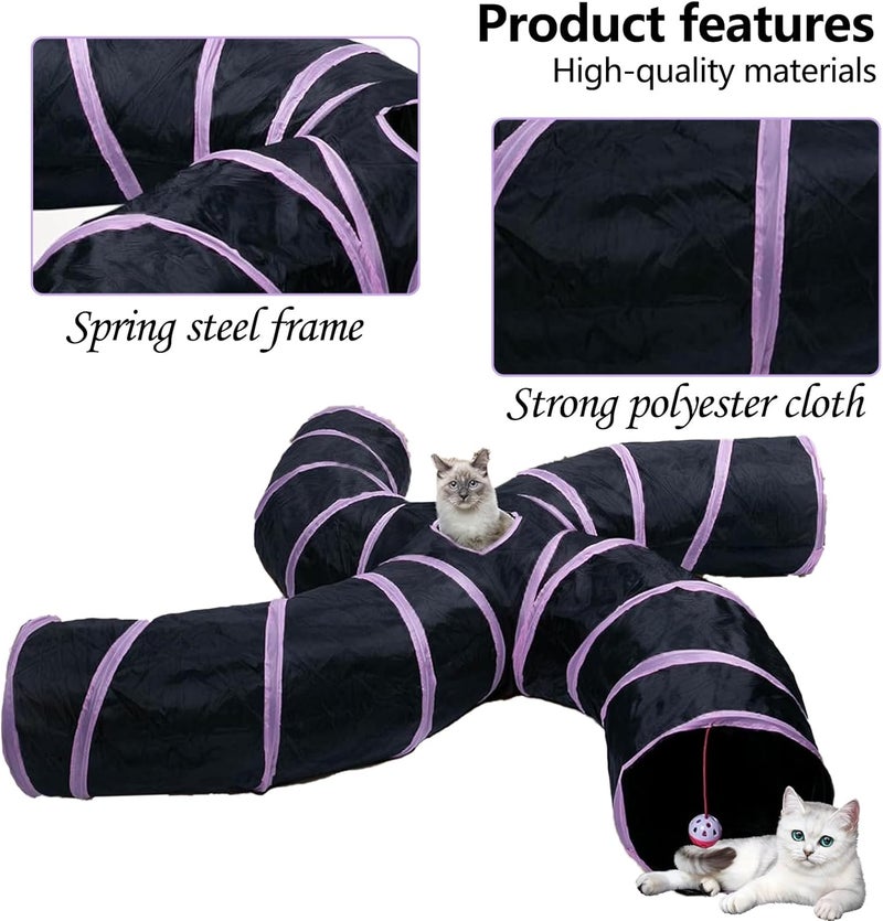EGETOTA Cat Tunnel for Indoor Cats Large, with Play Ball S-Shape 4 Way Collapsible Interactive Peek Hole Pet Tube Toys, Puppy, Kitty, Kitten, Rabbit (S4 - Black & Pink) - Image 4