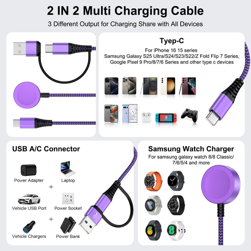 Pukiou Travel Essentials 2 in 2 USB A/USB C Cable for Samsung Watch Charger, Multi Charging Cable Cord Compatible Galaxy Watch 8/8 Classic/7/Ultra/6/5 Pro/5,for Galaxy A17/A36/A56/Z Fold /S25 Android-6FT - Image 4