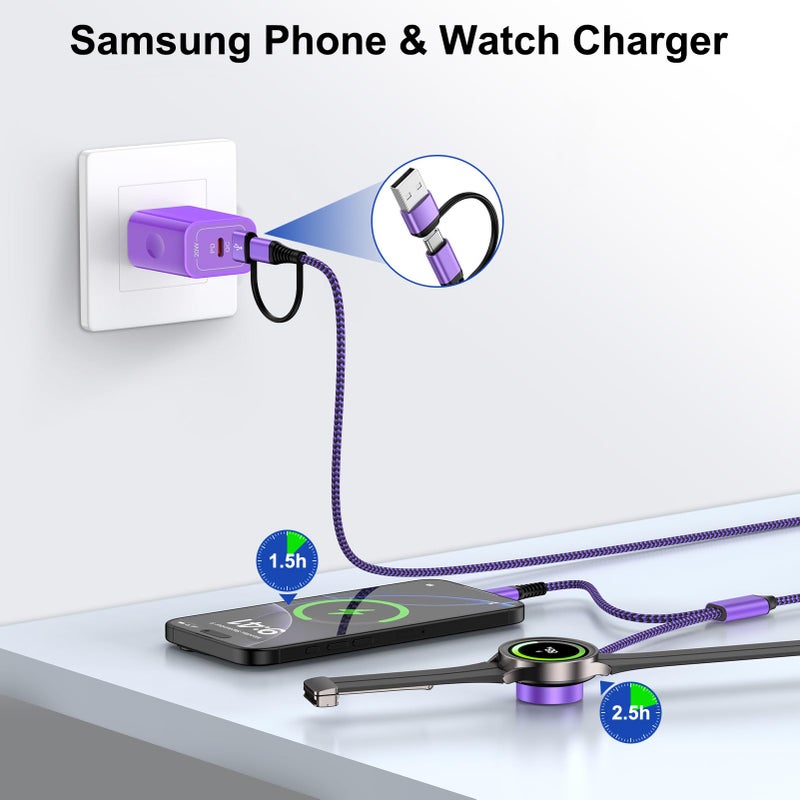 Pukiou Travel Essentials 2 in 2 USB A/USB C Cable for Samsung Watch Charger, Multi Charging Cable Cord Compatible Galaxy Watch 8/8 Classic/7/Ultra/6/5 Pro/5,for Galaxy A17/A36/A56/Z Fold /S25 Android-6FT - Image 2