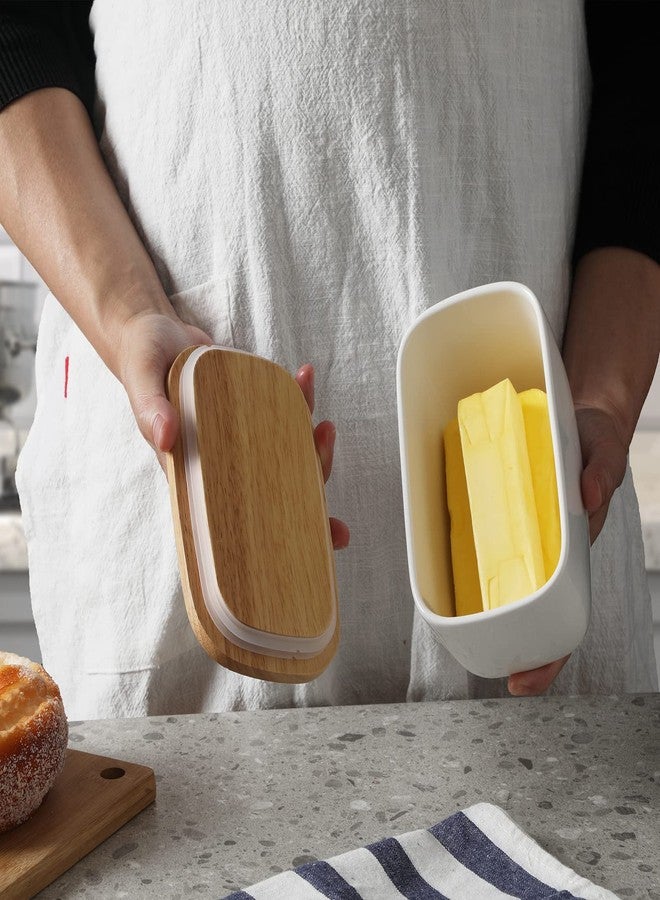 GDCZ Ceramics Butter Dish with Wooden Lid- Large Covered Butter Holder for Countertop, Butter Keeper Container Perfect for Holds 4X 4oz West/East Coast Butter, White - Image 2
