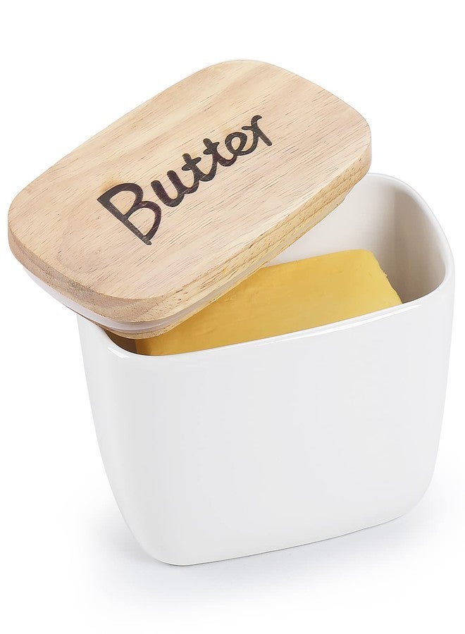 GDCZ Ceramics Butter Dish with Wooden Lid- Large Covered Butter Holder for Countertop, Butter Keeper Container Perfect for Holds 4X 4oz West/East Coast Butter, White - Image 1