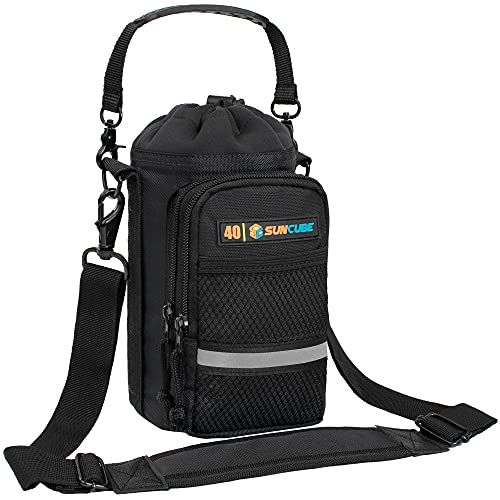 Suncube حامل زجاجة ماء SUN CUBE مع حزام، حقيبة حامل زجاجة ماء مع جيب للهاتف، حقيبة كتف لحمل الزجاجة أثناء المشي، الرياضة، التنزه، ملحقات التخييم، أسود 40 أونصة - Image 1